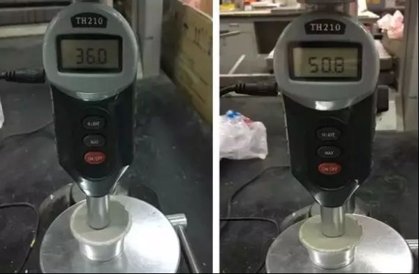 （24小时邵氏硬度对比；左：普通瓷砖胶；右：TTBIII快干瓷砖胶）
