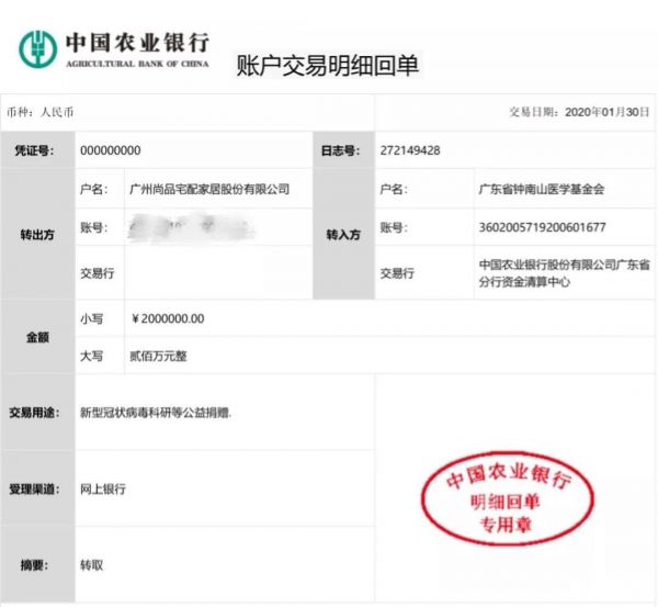 尚品宅配向钟南山医学基金会捐款200万元