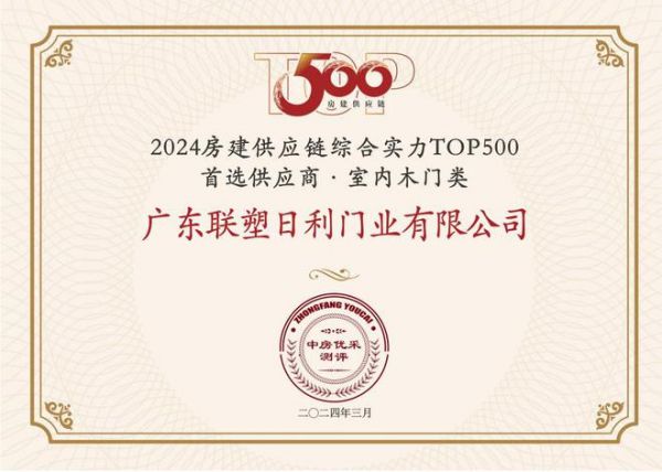 中国联塑旗下领尚木门荣获 “房建供应链企业综合实力TOP500-首选装饰材料类品牌·室内木门类”10强！